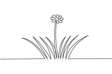 Minimalist sürekli bir çimen çizimi ve beyaz arka planda bir çiçek, modern dekor için mükemmel.