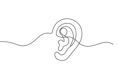 Beyaz arka planda, modern soyut sanat tarzında izole edilmiş bir insan kulağının asgari sürekli çizimi