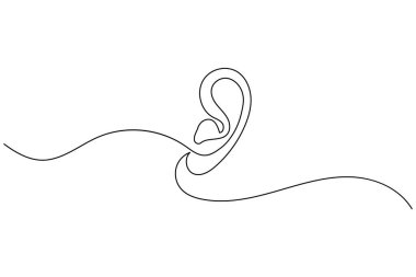 Beyaz arka planda, modern soyut sanat tarzında izole edilmiş bir insan kulağının asgari sürekli çizimi