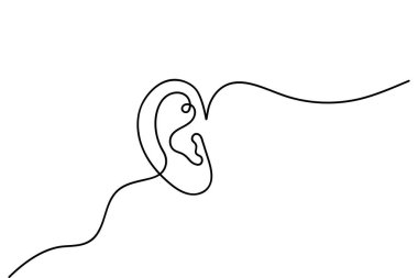 Beyaz arka planda, modern soyut sanat tarzında izole edilmiş bir insan kulağının asgari sürekli çizimi