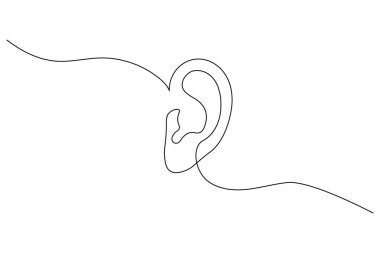 Beyaz arka planda, modern soyut sanat tarzında izole edilmiş bir insan kulağının asgari sürekli çizimi