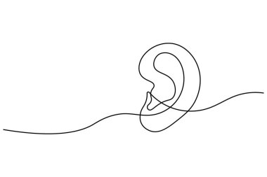 Beyaz arka planda, modern soyut sanat tarzında izole edilmiş bir insan kulağının asgari sürekli çizimi
