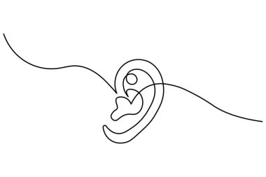 Beyaz arka planda, modern soyut sanat tarzında izole edilmiş bir insan kulağının asgari sürekli çizimi