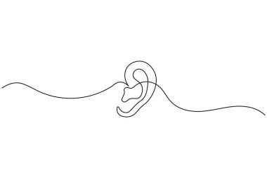 Beyaz arka planda, modern soyut sanat tarzında izole edilmiş bir insan kulağının asgari sürekli çizimi