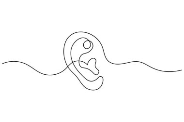 Beyaz arka planda, modern soyut sanat tarzında izole edilmiş bir insan kulağının asgari sürekli çizimi