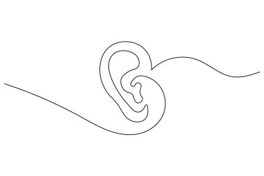 Beyaz arka planda, modern soyut sanat tarzında izole edilmiş bir insan kulağının asgari sürekli çizimi