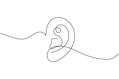 Human ear icon in continuous one line drawing style. Minimalist outline isolated on a white background. Modern single line art vector illustration for design projects