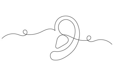 Minimalist continuous one line drawing of a human ear with sound waves, symbol of hearing, listening, and communication