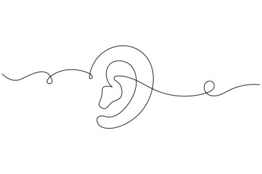 Minimalist continuous one line drawing of a human ear with sound waves, symbol of hearing, listening, and communication
