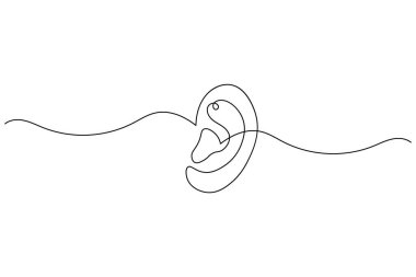 Minimalist continuous one line drawing of a human ear with sound waves, symbol of hearing, listening, and communication