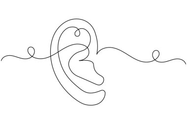 Minimalist continuous one line drawing of a human ear with sound waves, symbol of hearing, listening, and communication