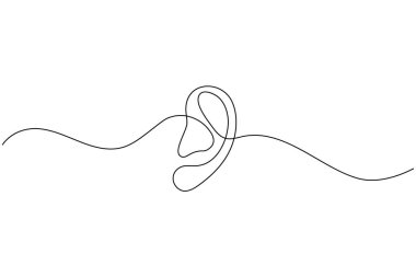 Minimalist continuous one line drawing of a human ear with sound waves, symbol of hearing, listening, and communication