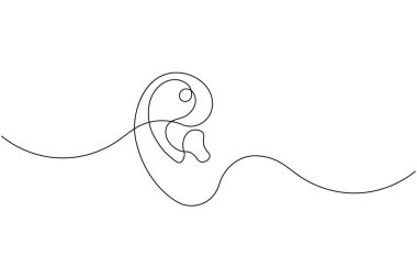 Minimalist continuous one line drawing of a human ear with sound waves, symbol of hearing, listening, and communication