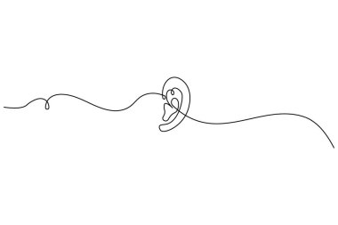 Minimalist continuous one line drawing of a human ear with sound waves, symbol of hearing, listening, and communication