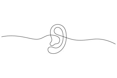 Minimalist continuous one line drawing of a human ear with sound waves, symbol of hearing, listening, and communication