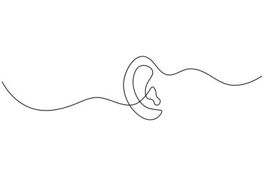 İnsan kulağı ses dalgalarıyla sürekli bir çizgi, işitme ve dinleme konseptini temsil eden minimalist çizim