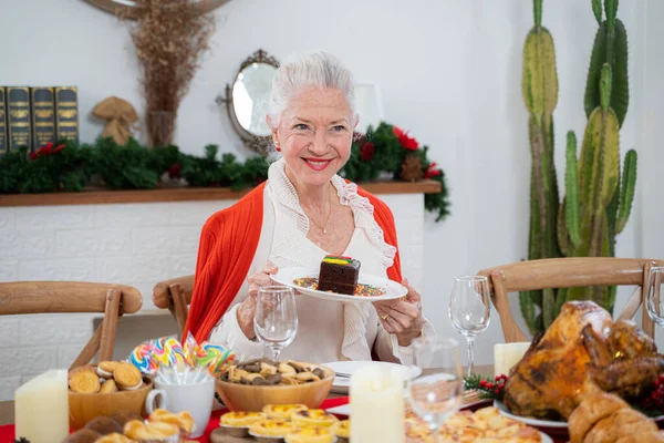 Felice Donna Anziana Sorridente Natale Casa — Foto Stock