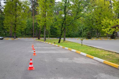 Şehir parkındaki araba parkında. Bölgenin bir kısmı kırmızı trafik konileriyle çevrili..