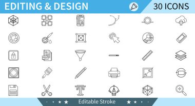 Tasarım ve Düzenleme satırı simgeleri ayarlandı. Araçlar, şekiller ve dosya biçimlerini içerir. Doğrusal olarak taslak vektör simgesi. Düzenlenebilir felç. Vektör illüstrasyonu.