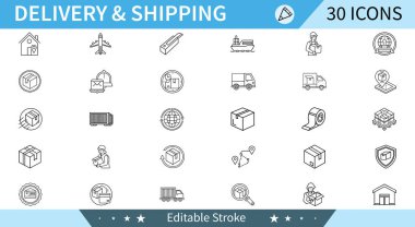 Kamyonlar, uçaklar, kutular ve depo sembolleri de dahil olmak üzere çeşitli teslimat ve nakliye yöntemlerini tasvir eden 30 satır simgesi. Özelleştirme için düzenlenebilir vuruşlar.