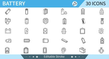 Çeşitli batarya türleri ve şarj seviyelerini gösteren 30 basit çizgi resim ikonundan oluşan bir koleksiyon. Özelleştirme için düzenlenebilir vuruşlar. Dijital tasarım için mükemmel.