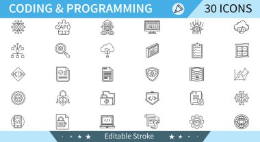 Kodlama, programlama ve yazılım geliştirmenin çeşitli yönlerini temsil eden 30 adet minimalist çizgi simgesi. Bulut depolama, güvenlik, veri ve daha fazlasını içerir.
