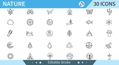 Doğanın bitkiler, hayvanlar, gök cisimleri ve çevresel elementler de dahil olmak üzere çeşitli yönlerini tasvir eden 30 minimalist çizgi ikonundan oluşan bir derleme. Düzenlenebilir vektör grafikleri.
