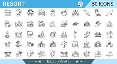 50 minimalist çizgi simgesi tatil beldeleri plaj, havuz, etkinlikler, yemek, konaklama. Web siteleri, uygulamalar ya da broşürler için mükemmel. Kolay kişiselleştirme için düzenlenebilir vuruşlar.