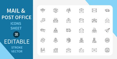 Posta ve Posta Ofisi satır simgeleri ayarlandı. Posta, Postane, Teslimat ve İlgili Konseptler. Doğrusal olarak taslak vektör simgesi. Düzenlenebilir felç. Vektör illüstrasyonu.
