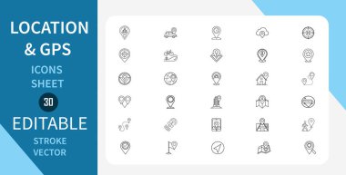 Konum ve GPS çizgisi simgeleri ayarlandı. Konum, GPS, Harita, Navigasyon, Mekanik ve daha fazlası. Doğrusal olarak taslak vektör simgesi. Düzenlenebilir felç. Vektör illüstrasyonu.