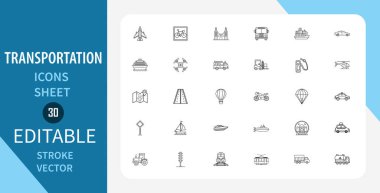 Ulaşım hattı simgeleri ayarlandı. Hava, kara, deniz araçları ve daha fazlası dahil olmak üzere çeşitli ulaşım şekilleri. Doğrusal olarak taslak vektör simgesi. Düzenlenebilir felç. Vektör illüstrasyonu.