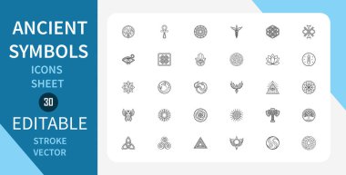 Eski Semboller çizgi simgeleri ayarlandı. Doğrusal olarak taslak vektör simgesi. Düzenlenebilir felç. Vektör illüstrasyonu.