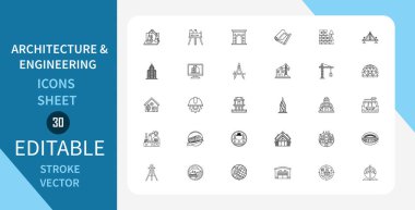 Mimarlık ve Mühendislik çizgi simgeleri ayarlandı. İnşaat, Köprü, inşaat sembolleri ve daha fazlası. Doğrusal olarak taslak vektör simgesi. Düzenlenebilir felç. Vektör illüstrasyonu.