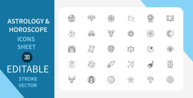 Astroloji ve burç çizgisi simgeleri ayarlandı. Zodiac işaretleri, gök cisimleri, mistik semboller ve daha fazlası. Doğrusal olarak taslak vektör simgesi. Düzenlenebilir felç. Vektör illüstrasyonu.