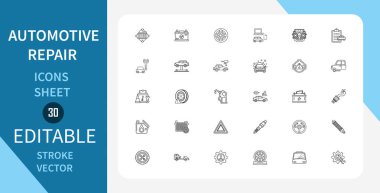 Otomotiv Tamir Hattı simgeleri ayarlandı. Lastik, motor, araba, İngiliz anahtarı ve diğer tamir sembolleri. Doğrusal olarak taslak vektör simgesi. Düzenlenebilir felç. Vektör illüstrasyonu.