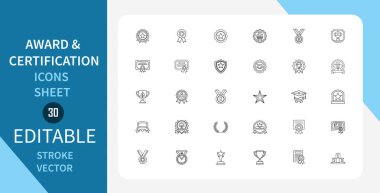 Ödül ve Sertifika çizgisi simgeleri ayarlandı. Ödüller, madalyalar, rozetler, kalkanlar ve daha fazlası. Doğrusal olarak taslak vektör simgesi. Düzenlenebilir felç. Vektör illüstrasyonu.