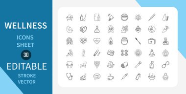 Sağlık çizgisi simgeleri ayarlandı. Sağlık, Sağlık, Sağlık, Spa ve daha fazlası. Doğrusal olarak taslak vektör simgesi. Düzenlenebilir felç. Vektör illüstrasyonu.