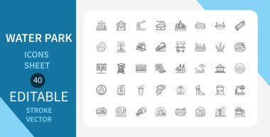 Water Park çizgi simgeleri ayarlandı. Slaytlar, havuzlar, araçlar ve diğer su parkı elementlerini içerir. Doğrusal olarak taslak vektör simgesi. Düzenlenebilir felç. Vektör illüstrasyonu.