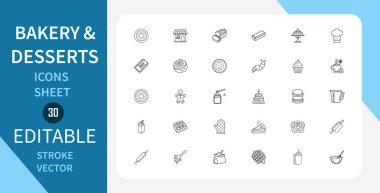 Pastane ve Tatlı Hattı simgeleri ayarlandı. Çeşitli fırın ürünleri, tatlılar, fırın aletleri ve daha fazlası. Doğrusal olarak taslak vektör simgesi. Düzenlenebilir felç. Vektör illüstrasyonu.