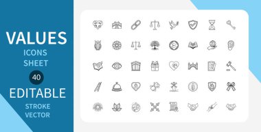 Değer çizgisi simgeleri ayarlandı. Dürüstlük, Dürüstlük, Takım Çalışması, Adalet, Güven, Güvenlik, Koruma ve daha fazlası. Doğrusal olarak taslak vektör simgesi. Düzenlenebilir felç. Vektör illüstrasyonu.