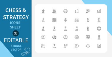  Satranç ve Strateji çizgisi simgeleri ayarlandı. Vermek, yardım etmek, destek vermek, gönüllü olmak, kar amacı gütmemek, vakıf kurmak ve daha fazlası. Doğrusal olarak taslak vektör simgesi. Düzenlenebilir felç. Vektör illüstrasyonu.