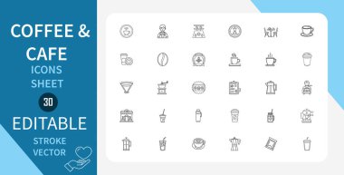 Kahve ve kafe çizgisi simgeleri hazır. Kahve fincanı, Restoran, Yemek, Ware, Kupa, Tencere, Makine ve daha fazlası. Doğrusal olarak taslak vektör simgesi. Düzenlenebilir felç. Vektör illüstrasyonu.