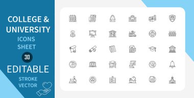 Üniversite ve üniversite çizgisi simgeleri ayarlandı. Eğitim, Okul, Öğrenci, Öğrencilik, Kampüs, İnşaat, Mezuniyet ve daha fazlası. Doğrusal olarak taslak vektör simgesi. Düzenlenebilir felç. Vektör illüstrasyonu.