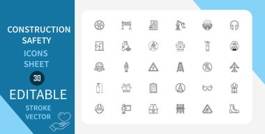 İnşaat güvenliği çizgisi simgeleri ayarlandı. Miğfer, kulak tıkacı, gözlük, uyarı, üçgen, turna ve daha fazlası. Doğrusal olarak taslak vektör simgesi. Düzenlenebilir felç. Vektör illüstrasyonu.