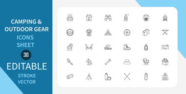 Kamp ve Dış Gear çizgisi simgeleri ayarlandı. Botlar, harita, pusula, ateş, ızgara, yemek pişirme, ekipman ve daha fazlası. Doğrusal olarak taslak vektör simgesi. Düzenlenebilir felç. Vektör illüstrasyonu.
