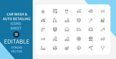 Araba Yıkama ve Oto Detaylandırma çizgi simgeleri ayarlandı. Servis, Bakım, Otomotiv, Araç, Tamir ve daha fazlası. Doğrusal olarak taslak vektör simgesi. Düzenlenebilir felç. Vektör illüstrasyonu.