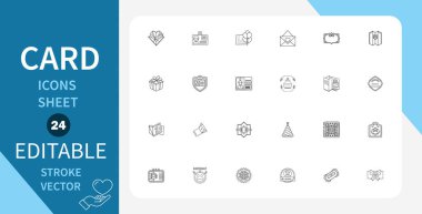 Kart çizgisi simgeleri ayarlandı. Kulaklık, kimlik kartı, düğün kartı, hediye kartı ve daha fazlası. Doğrusal olarak taslak vektör simgesi. Düzenlenebilir felç. Vektör illüstrasyonu.