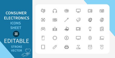 Tüketici Elektronik hat simgeleri ayarlandı. Kulaklıklar, oyun kontrolörleri, dizüstü bilgisayarlar, monitörler ve daha fazlası. Doğrusal olarak taslak vektör simgesi. Düzenlenebilir felç. Vektör illüstrasyonu.