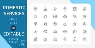 Yurtiçi Hizmetler çizgi simgeleri ayarlandı. ve daha fazlası. Temizlik, Tamir, Güvenlik, Tesisatçı, Elektrikçi ve daha fazlası. Doğrusal olarak taslak vektör simgesi. Düzenlenebilir felç. Vektör illüstrasyonu.