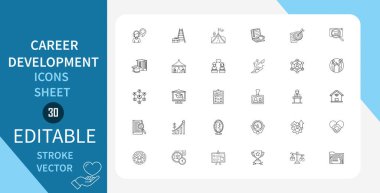 Kariyer Geliştirme Satırı Simgeleri Ayarlandı. Büyüme, Yetenekler, Başarı, Takım Çalışması, İlerleme, Hedefler, Planlama ve Daha fazlası. Çizgi Vektör Simgesi Çizgisel Tarzında. Düzenlenebilir Vuruş. Vektör İllüstrasyonu.